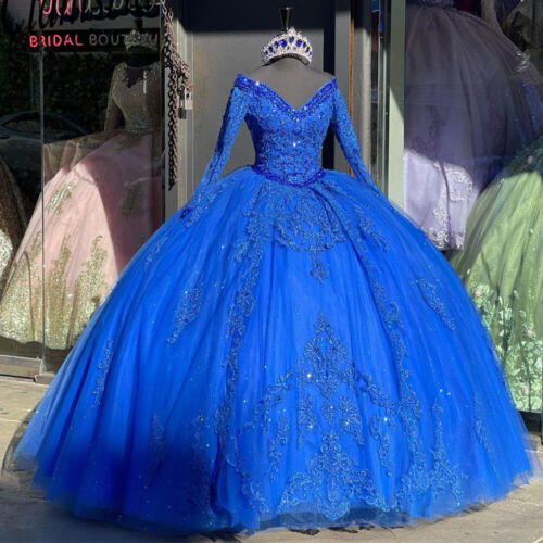 Long Sleeves Royal Blue Quinceanera Dresses V Neck Beaded Mexican Swee ...