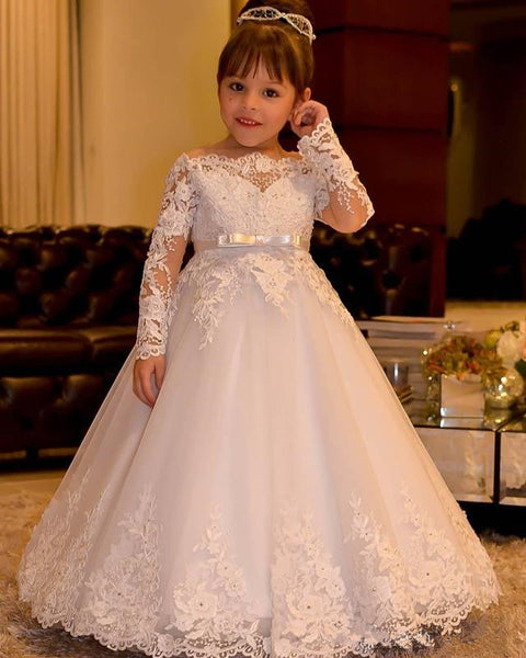 Lovely Long Sleeves Off Shoulder White Lace Flower Girl Dresses MyChicDress