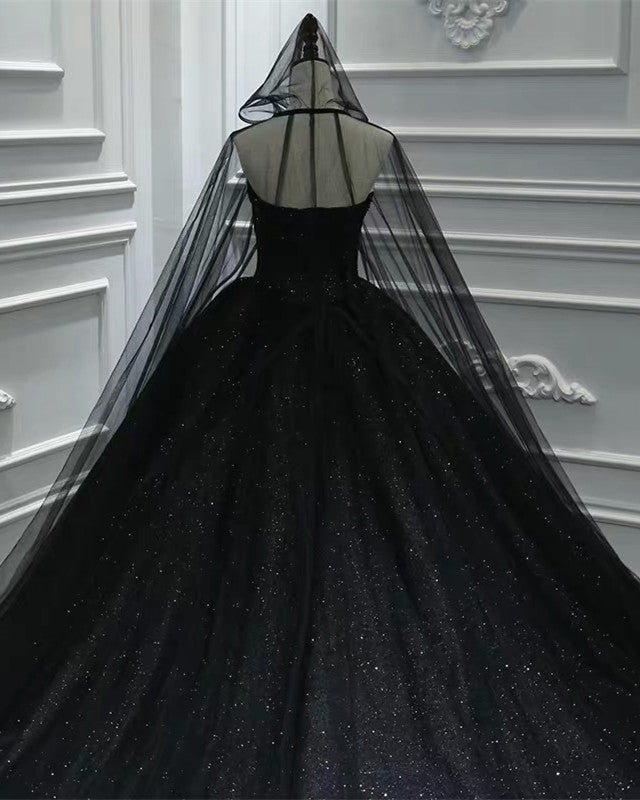 Luxury Ball Gown Sequin Black Wedding Dresses Gothic With Cape Veil MyChicDress