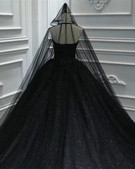 Luxury Ball Gown Sequin Black Wedding Dresses Gothic With Cape Veil MyChicDress