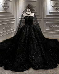 Luxury Ball Gown Sequin Black Wedding Dresses Gothic With Cape Veil MyChicDress