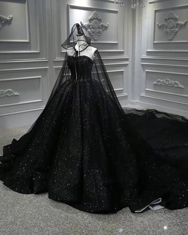 Luxury Ball Gown Sequin Black Wedding Dresses Gothic With Cape Veil MyChicDress