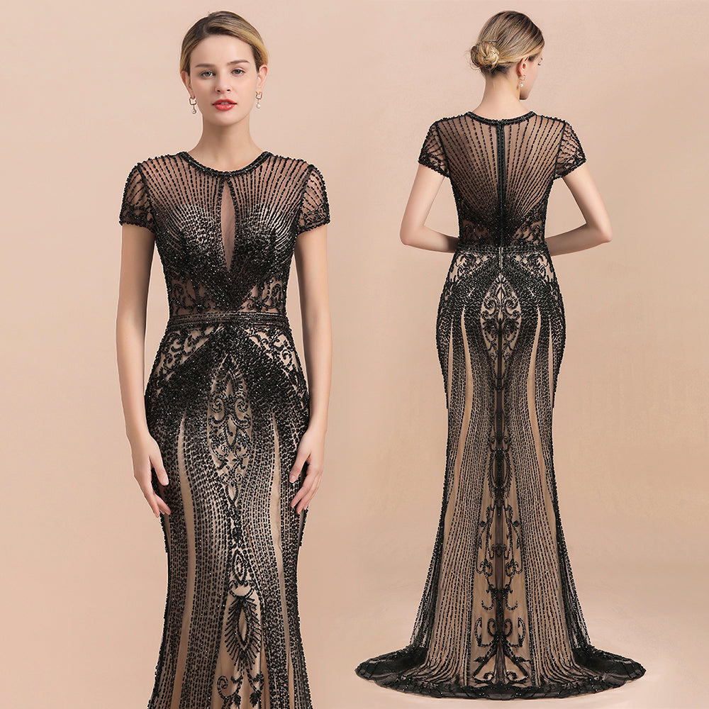 Luxury Black Short Sleeves Prom Dresses Beaded Mermaid MyChicDress