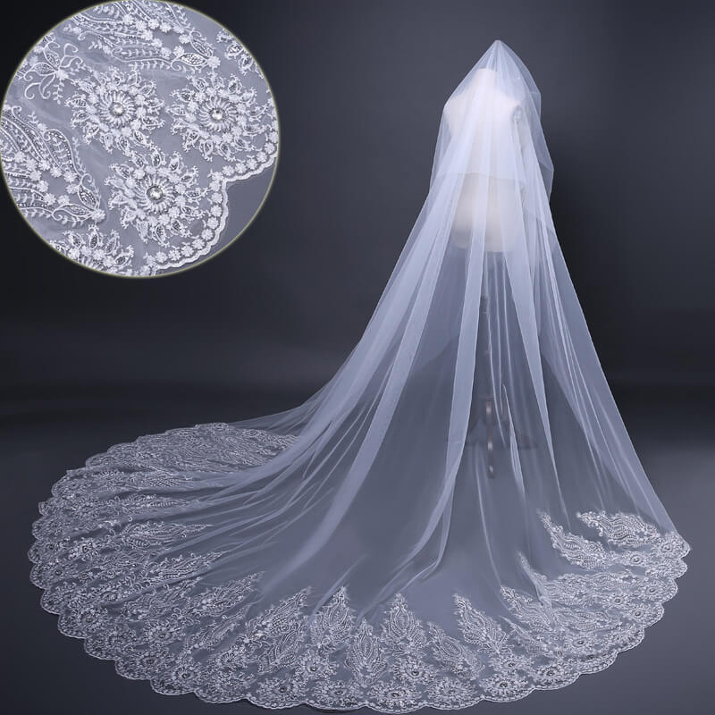 Luxury Princess Lace Wedding Veils with Applique Sequined Trim 3MX3M MyChicDress