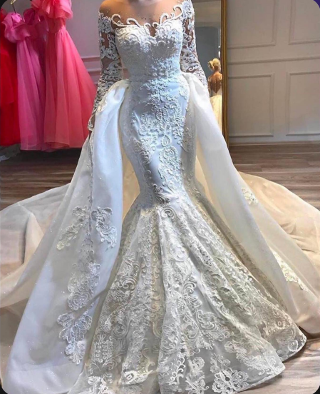 Luxury Princess Long Sleeves Lace Mermaid Wedding Dresses Detachable Train MyChicDress