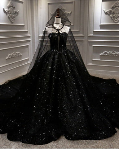 Luxury Ball Gown Sequin Black Wedding Dresses Gothic With Cape Veil ...