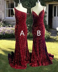 Long Mermaid Maroon 2024 Prom Dresses Sleeveless Sequin Formal Dress