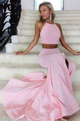 Mermaid Backless Pink Two Piece Prom Dresses Long Formal Gowns - MyChicDress