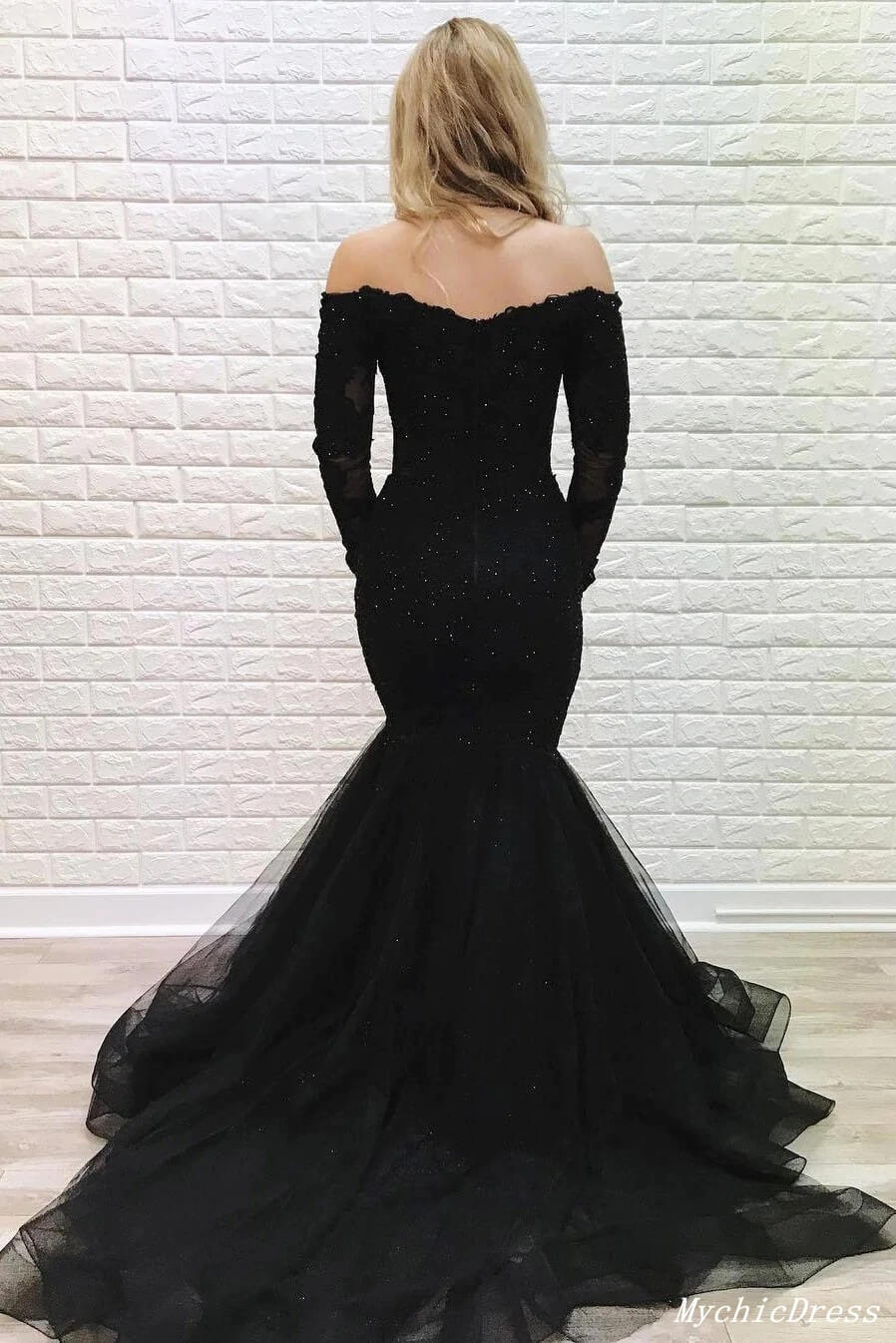 Mermaid Beaded Prom Dresses Black Lace Long Sleeves Formal Dress Off Shoulder MyChicDress