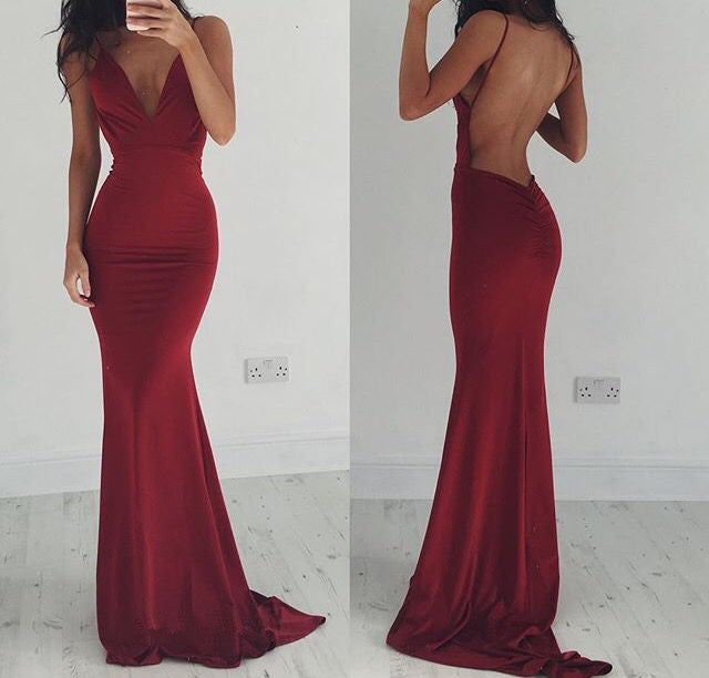 Mermaid Burgundy Prom Dresses Backless V-Neck - MyChicDress