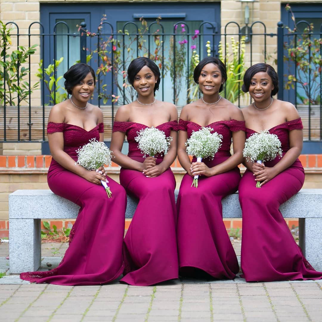 Mermaid Lace Burgundy Bridesmaid Dresses Off the Shoulder - MyChicDress