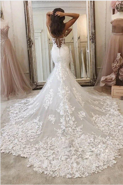 Mermaid Lace Ivory Wedding Dresses Spaghetti Straps Bridal Wears MyChicDress