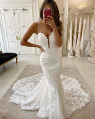 Mermaid Lace Ivory Wedding Dresses Spaghetti Straps Bridal Wears MyChicDress