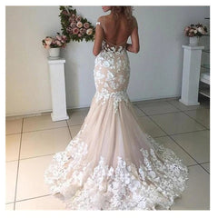 Mermaid Light Pink Wedding Dresses Backless Lace Short Sleeves Bridal Gowns MyChicDress