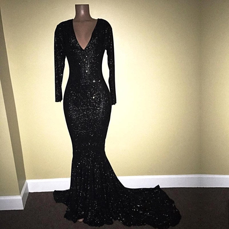 Mermaid Long-Sleeves Black Sequined Prom Dresses - MyChicDress