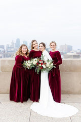 Mermaid Long Sleeves Burgundy Velvet Bridesmaid Dresses Backless MyChicDress