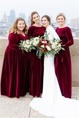 Mermaid Long Sleeves Burgundy Velvet Bridesmaid Dresses Backless MyChicDress