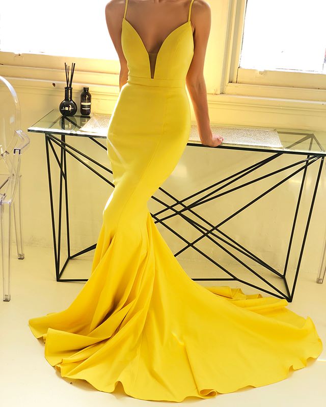 Mermaid Long V Neck Yellow Prom Dresses Spaghetti-Straps MyChicDress