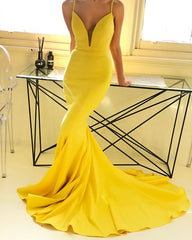 Mermaid Long V Neck Yellow Prom Dresses Spaghetti-Straps MyChicDress