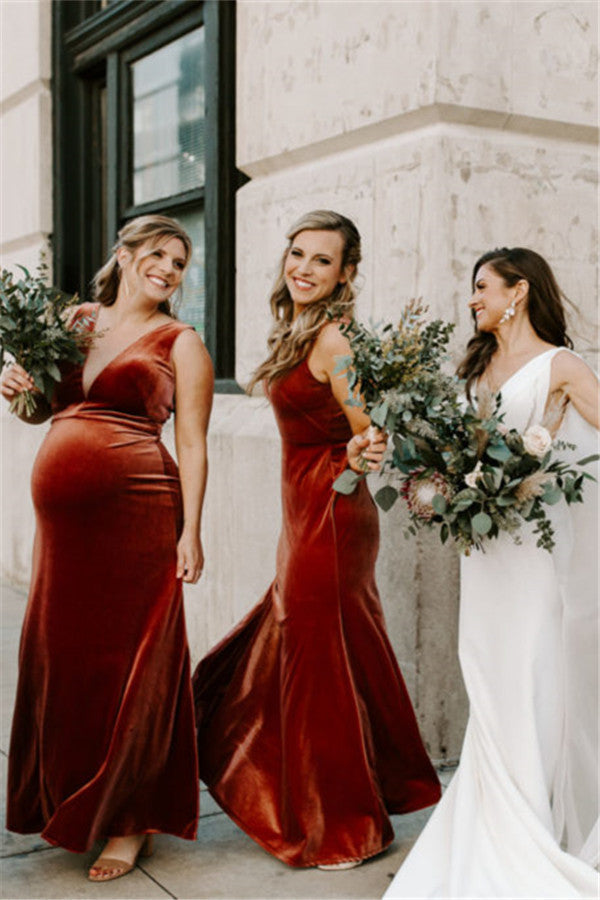 Mermaid Long Velvet Bridesmaid Dresses Deep V Neck Sleeveless MyChicDress