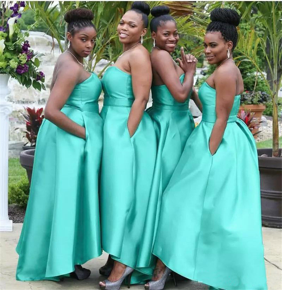 Mermaid Satin High Low Turquoise Bridesmaid Dresses with Pockets - MyChicDress