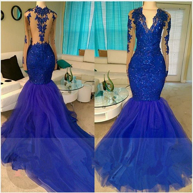 Mermaid Sleeveless Lace Tulle Royal-Blue Prom Dress - MyChicDress