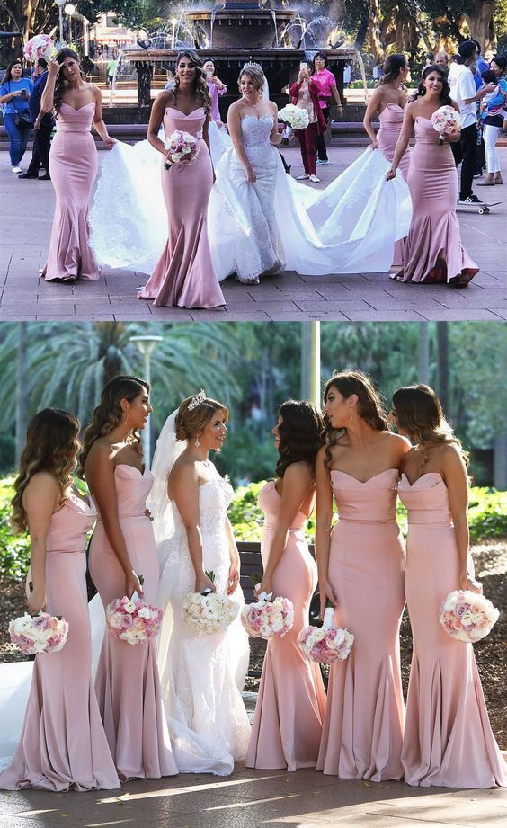 Mermaid Strapless Blush Pink Satin Bridesmaid Dresses Long Party Dresses MyChicDress