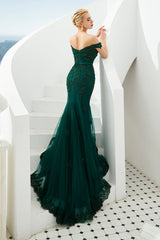 Mermaid Tulle Emerald Green Lace Prom Dress with Beaded MyChicDress