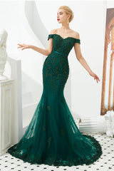 Mermaid Tulle Emerald Green Lace Prom Dress with Beaded MyChicDress