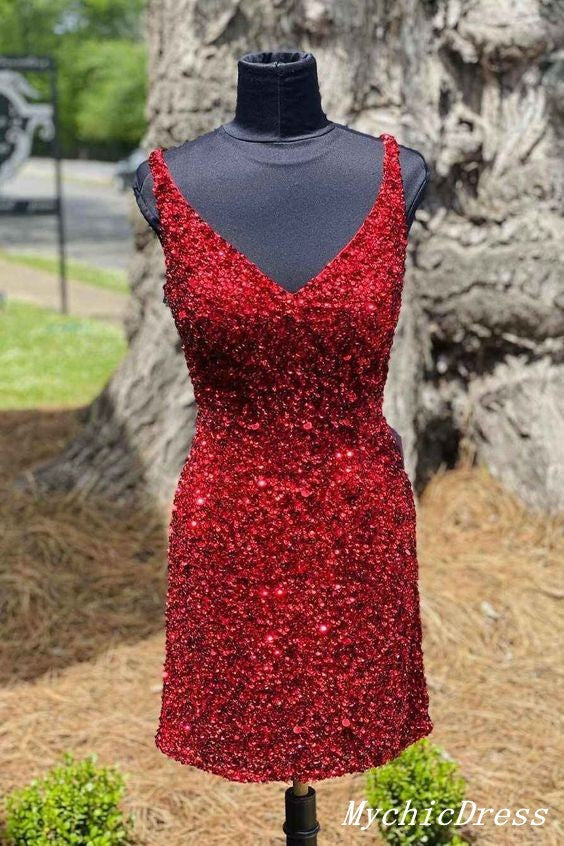 Mermaid V Neck Short Prom Dresses Sequin Mini Hoco Dresses MyChicDress