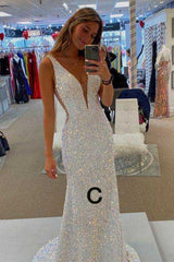 Mermaid White Iridescent Prom Dress 2025 Sequin Sparkly Evening Gown Backless MyChicDress