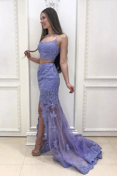 Mermaid Long Lace Light Blue Prom Dresses Spaghetti Straps