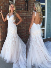 Modern Straps V Neck Lace Mermaid Ivory Wedding Dresses MyChicDress