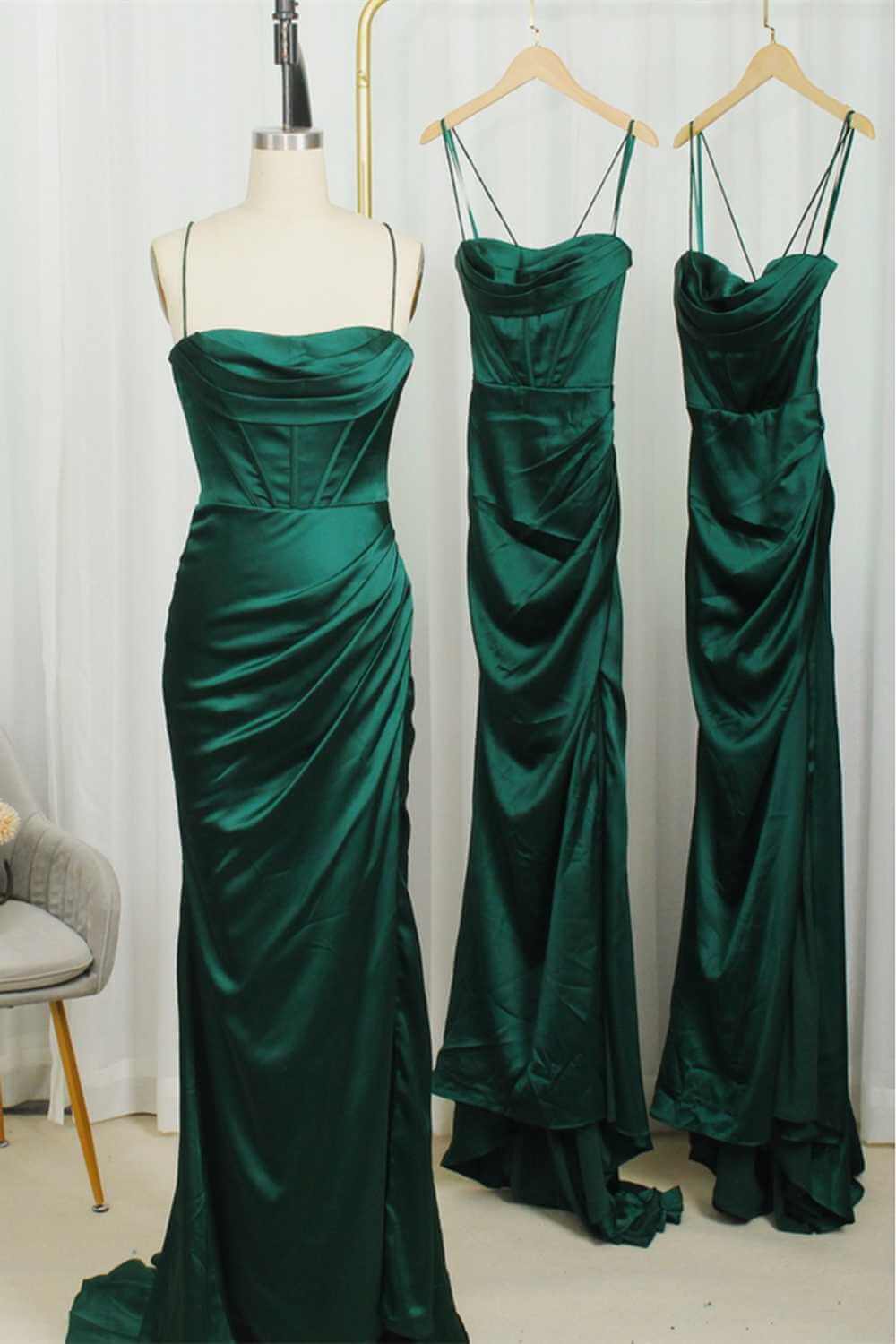 Modest Satin Dark Green Mermaid Bridesmaid Dress Straps Wedding Guest Dress MyChicDress