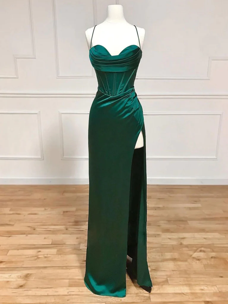 Modest Satin Dark Green Mermaid Bridesmaid Dress Straps Wedding Guest Dress MyChicDress