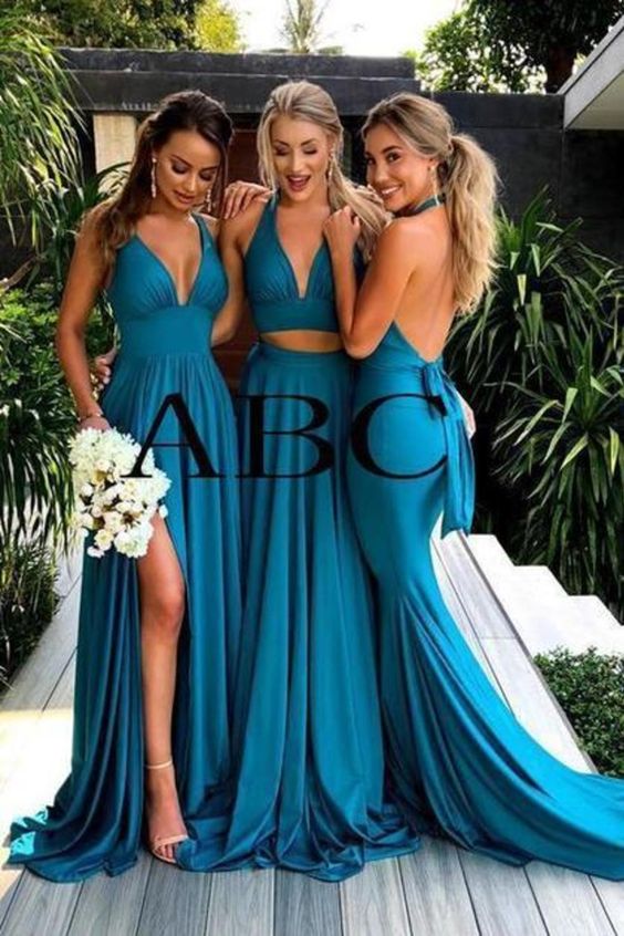 Multiway Halter Long Two Piece Beach Blue Bridesmaid Dresses Split Backless MyChicDress