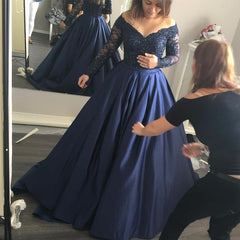 Navy-Blue Off-the-Shoulder Prom Dresses Lace Long-Sleeves Gowns - MyChicDress