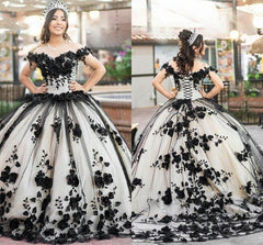 New 3D Flowers Lace Quicneanera Dress Black 2025 Sweet 16 Party Dress MyChicDress