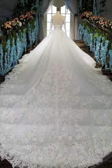 New Arrival Off The Shoulder Rhinestones Lace Wedding Gowns with Sleeves Royal Train MyChicDress