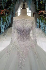 New Arrival Off The Shoulder Rhinestones Lace Wedding Gowns with Sleeves Royal Train MyChicDress