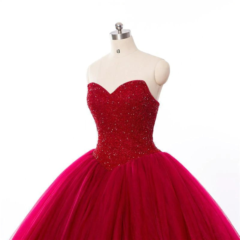 New Ball Gown Prom Dresses Red Sweetheart Strapless Beads Quinceanera Dress MyChicDress