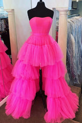 New Design High Low Tulle tiered Fuchsia Prom Dresses 2024 Strapless with Ruffles MyChicDress