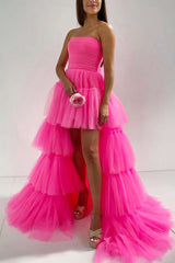 New Design High Low Tulle tiered Fuchsia Prom Dresses 2024 Strapless with Ruffles MyChicDress