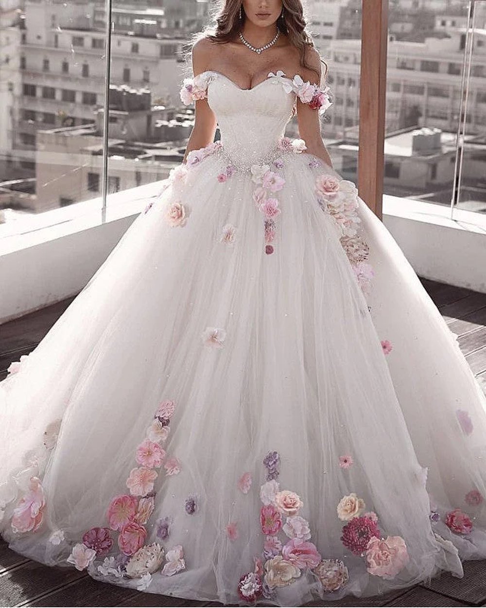 Off Shoulder Floral Flowers Ball Gown Wedding Dresses Tulle Beaded MyChicDress