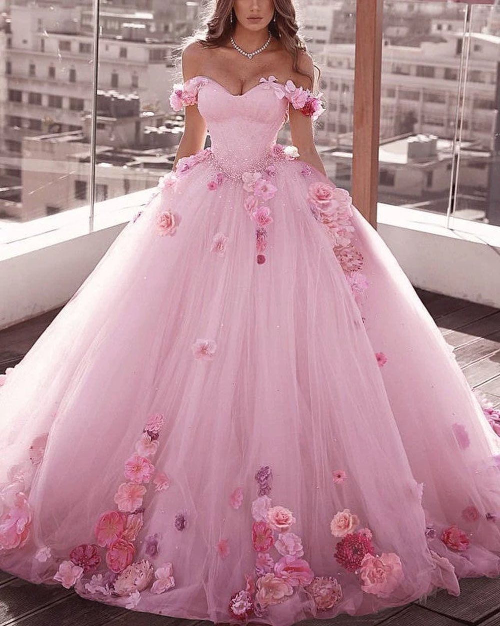 Off Shoulder Floral Flowers Ball Gown Wedding Dresses Tulle Beaded US12 Pink