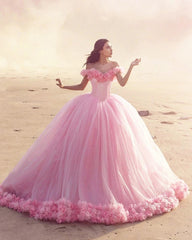 Off Shoulder Flowers Tulle Ball Gown Pink Quinceanera Dresses MyChicDress