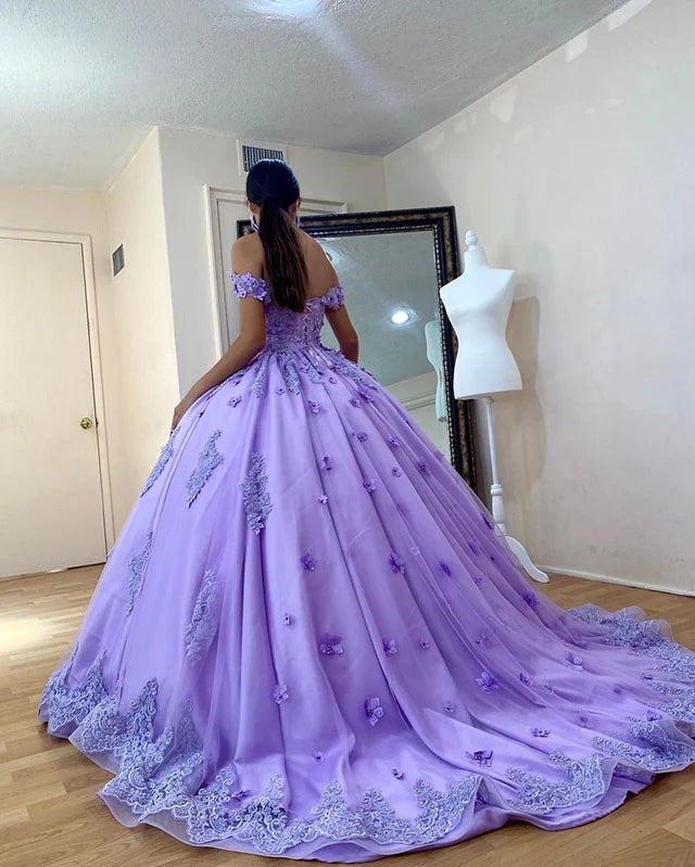 Off Shoulder Lace Lavender Quinceanera Dresses Appliques Flowers Sweet 16 Dresses MyChicDress