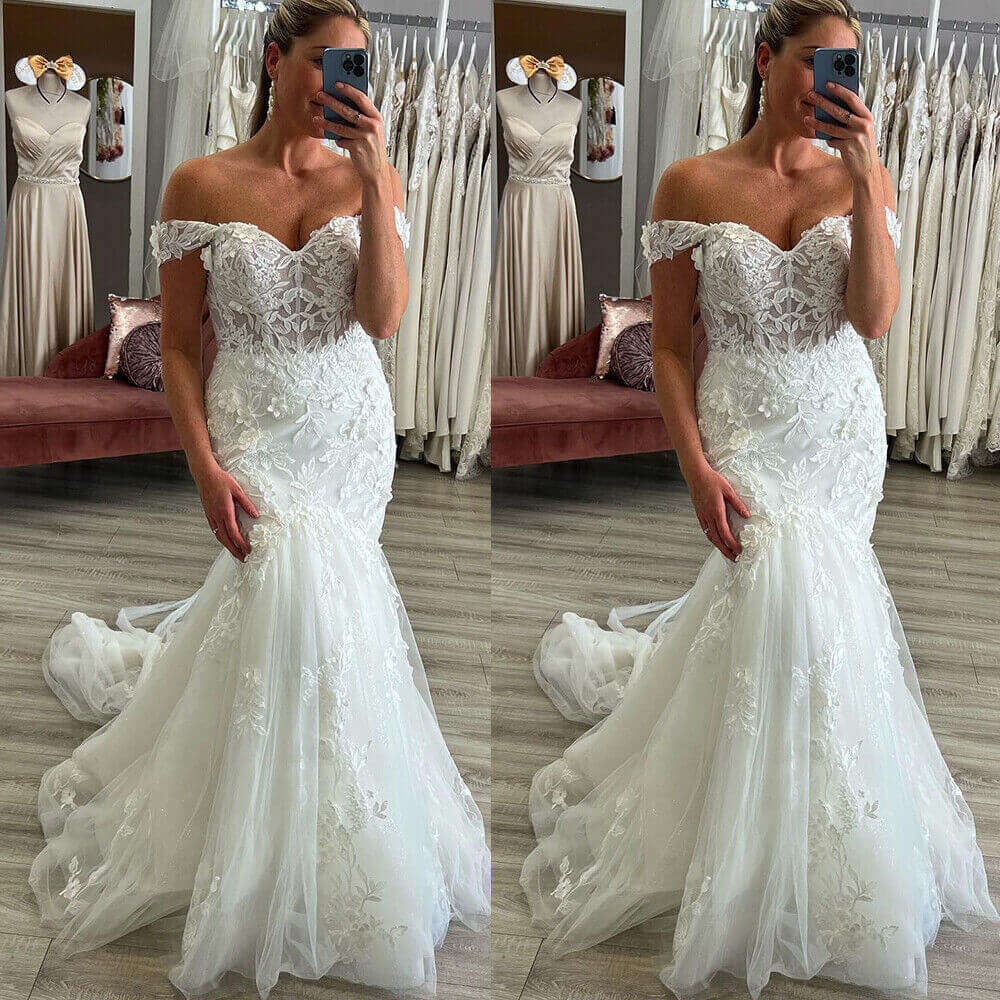 Off Shoulder Lace Wedding Dresses Mermaid Tulle Bridal Gowns Appliques Sweep Train Custom Size Custom Color