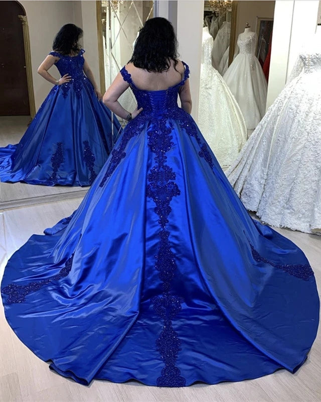 Off Shoulder Royal Blue Lace Satin Ball Gown Quinceanera Dresses MyChicDress