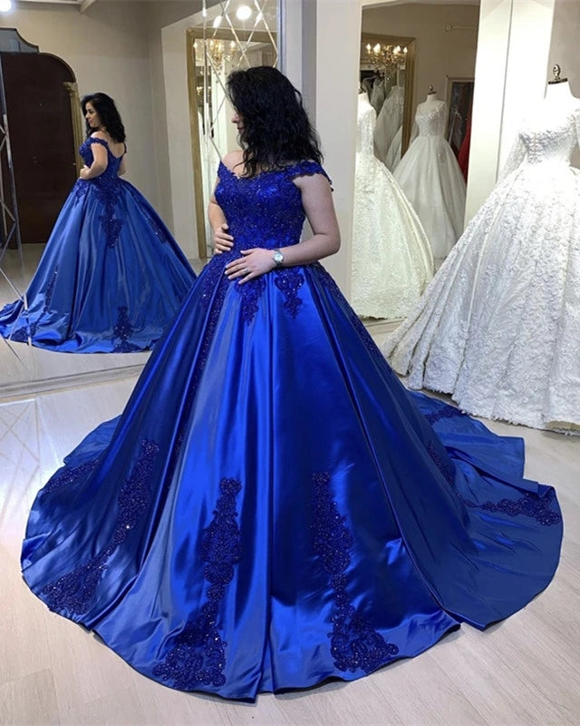 Off Shoulder Royal Blue Lace Satin Ball Gown Quinceanera Dresses MyChicDress